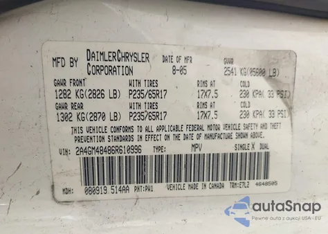 2006 Chrysler Pacifica из США, поврежденный, VIN 2A4GM48486R610996